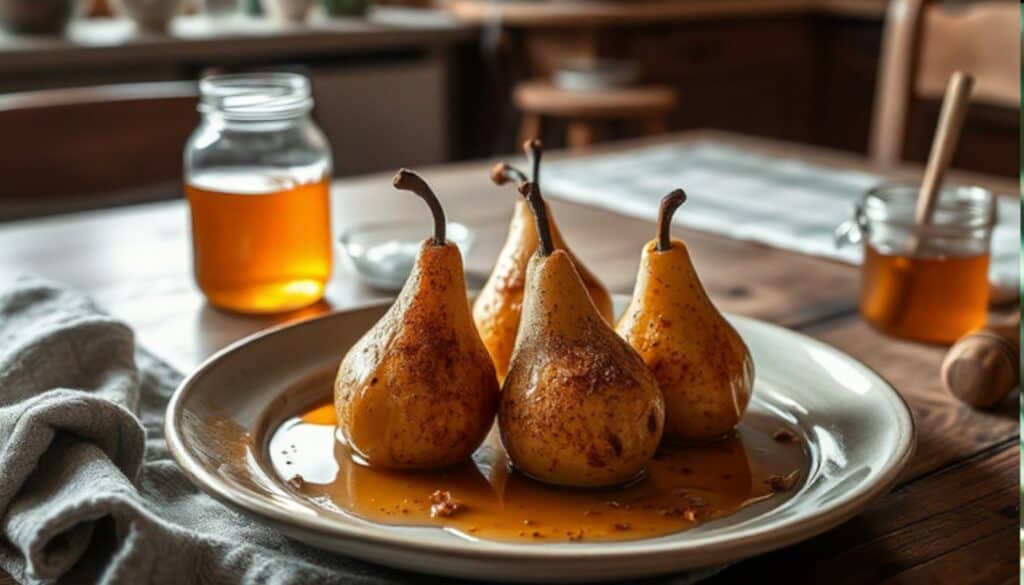 Poires rôties au miel et à la cannelle dans un plat en céramique