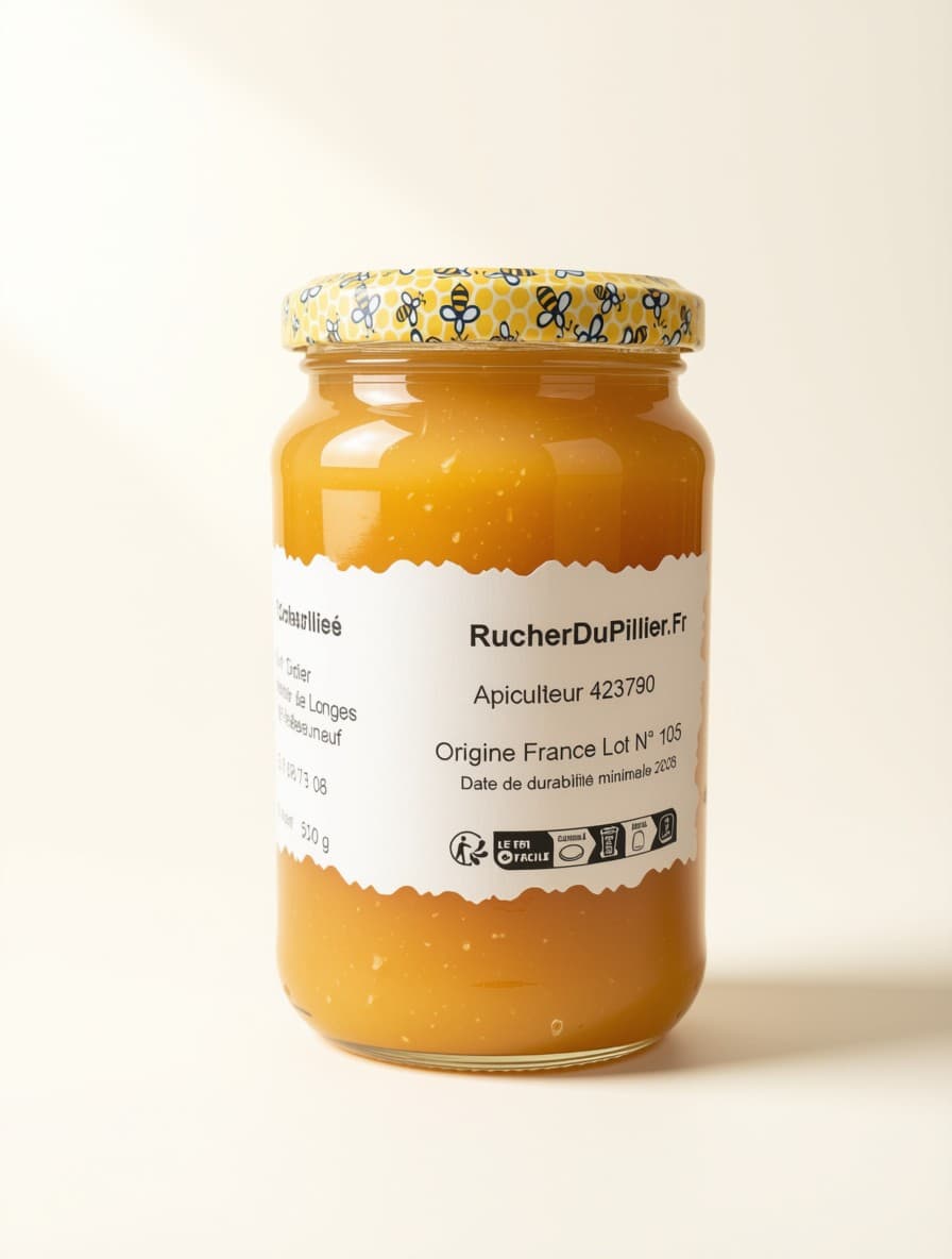 Pot de miel cristallisé artisanal 500g, apiculteur du Rucher du Pillier à Châteauneuf (Loire 42)